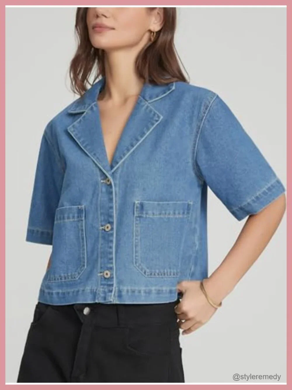 Cropped Denim Jacket Short Sleeve Boxy Button Front Jean Shirt for Women